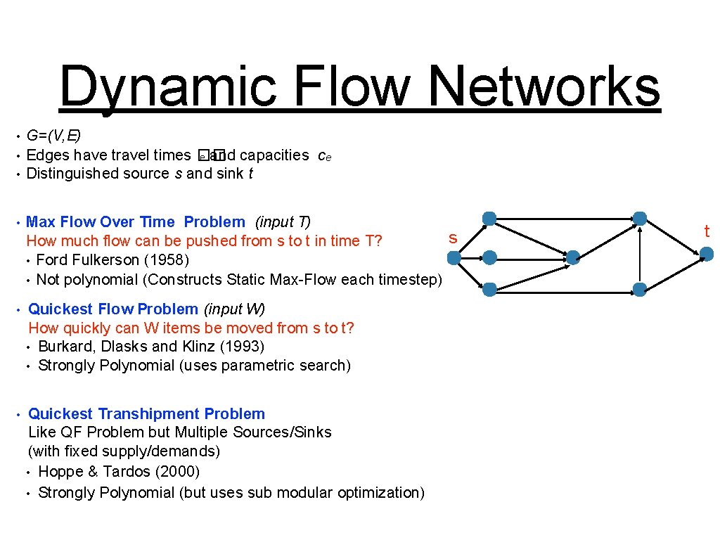 Dynamic Flow Networks • • • G=(V, E) Edges have travel times �� e