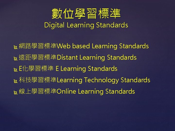 數位學習標準 Digital Learning Standards 網路學習標準Web based Learning Standards 遠距學習標準Distant Learning Standards E化學習標準 E Learning