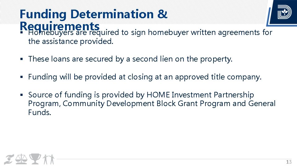 Funding Determination & Requirements Homebuyers are required to sign homebuyer written agreements for the