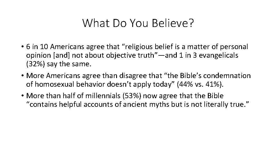 What Do You Believe? • 6 in 10 Americans agree that “religious belief is