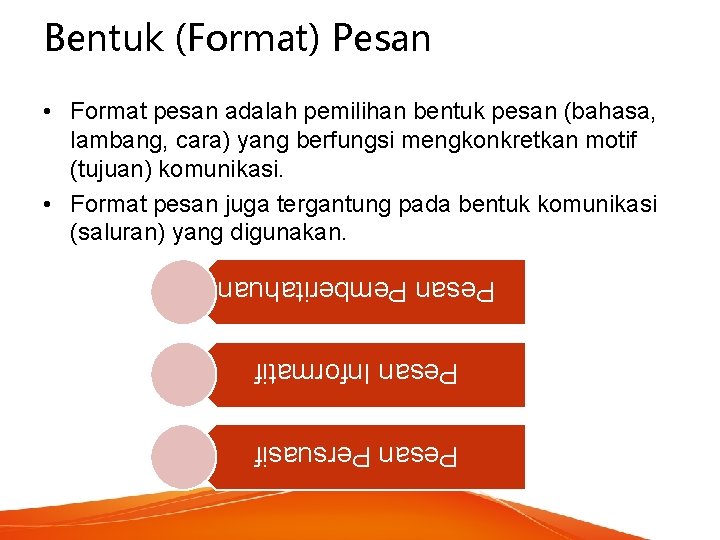 Bentuk (Format) Pesan • Format pesan adalah pemilihan bentuk pesan (bahasa, lambang, cara) yang Bentuk (Format) Pesan • Format pesan adalah pemilihan bentuk pesan (bahasa, lambang, cara) yang