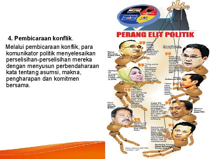 4. Pembicaraan konflik. Melalui pembicaraan konflik, para komunikator politik menyelesaikan perselisihan-perselisihan mereka dengan menyusun