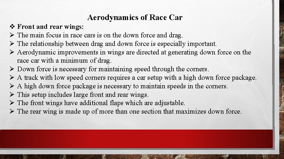 Aerodynamics of Race Car Front and rear wings: The main focus in race cars