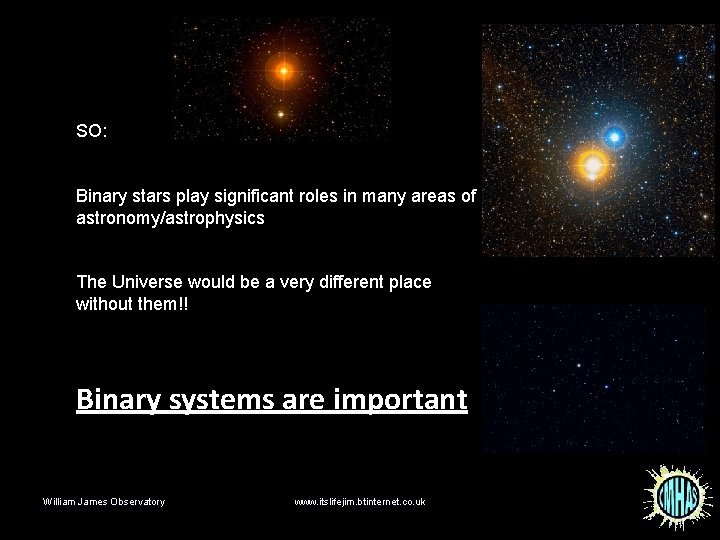 SO: Binary stars play significant roles in many areas of astronomy/astrophysics The Universe would