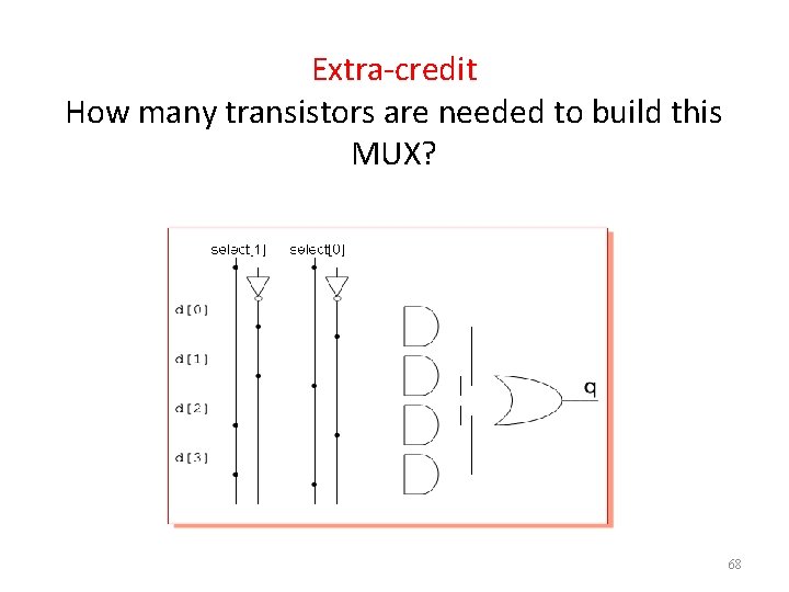 Extra-credit How many transistors are needed to build this MUX? 68 