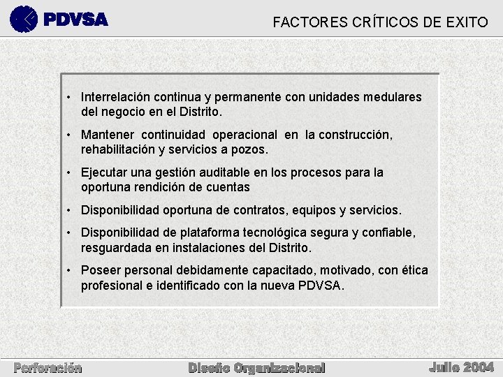 FACTORES CRÍTICOS DE EXITO • Interrelación continua y permanente con unidades medulares del negocio