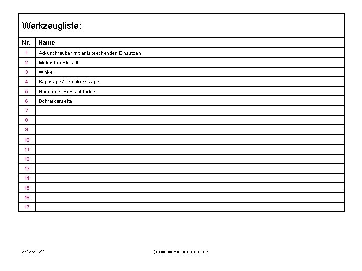 Werkzeugliste: Nr. Name 1 Akkuschrauber mit entsprechenden Einsätzen 2 Meterstab Bleistift 3 Winkel 4