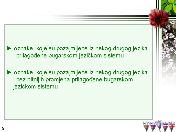 ► oznake, koje su pozajmljene iz nekog drugog jezika i prilagođene bugarskom jezičkom sistemu