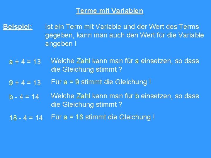 Terme mit Variablen Beispiel: Ist ein Term mit Variable und der Wert des Terms