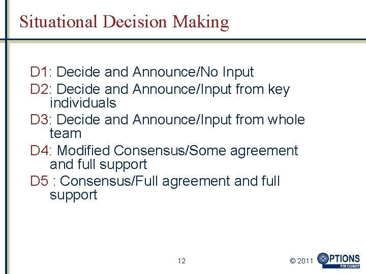 Situational Decision Making D 1: Decide and Announce/No Input D 2: Decide and Announce/Input