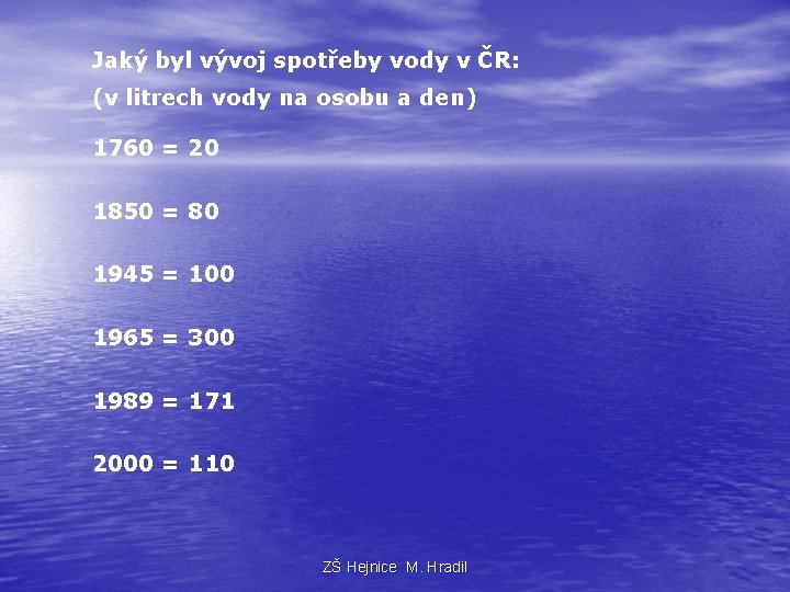 Jaký byl vývoj spotřeby vody v ČR: (v litrech vody na osobu a den)