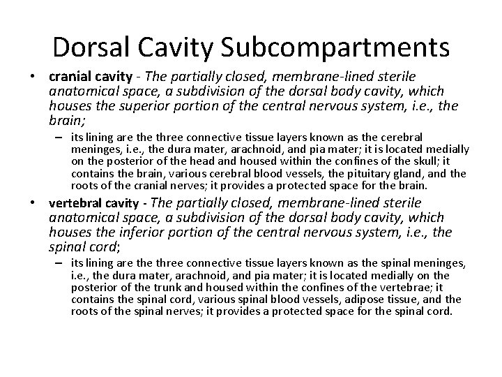 Dorsal Cavity Subcompartments • cranial cavity - The partially closed, membrane-lined sterile anatomical space, Dorsal Cavity Subcompartments • cranial cavity - The partially closed, membrane-lined sterile anatomical space,