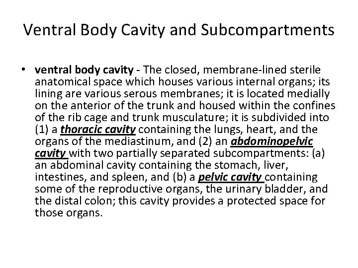Ventral Body Cavity and Subcompartments • ventral body cavity - The closed, membrane-lined sterile Ventral Body Cavity and Subcompartments • ventral body cavity - The closed, membrane-lined sterile