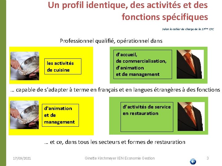 Un profil identique, des activités et des fonctions spécifiques Selon le cahier de charge