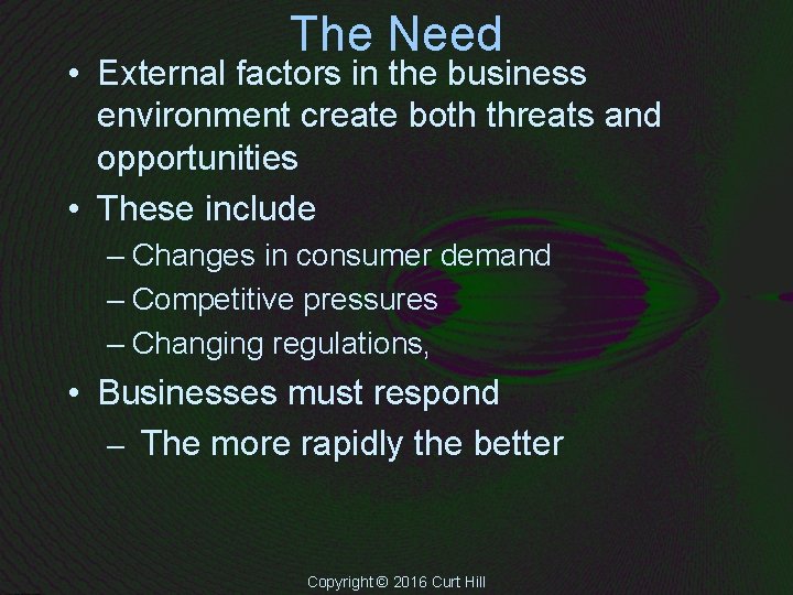 The Need • External factors in the business environment create both threats and opportunities The Need • External factors in the business environment create both threats and opportunities