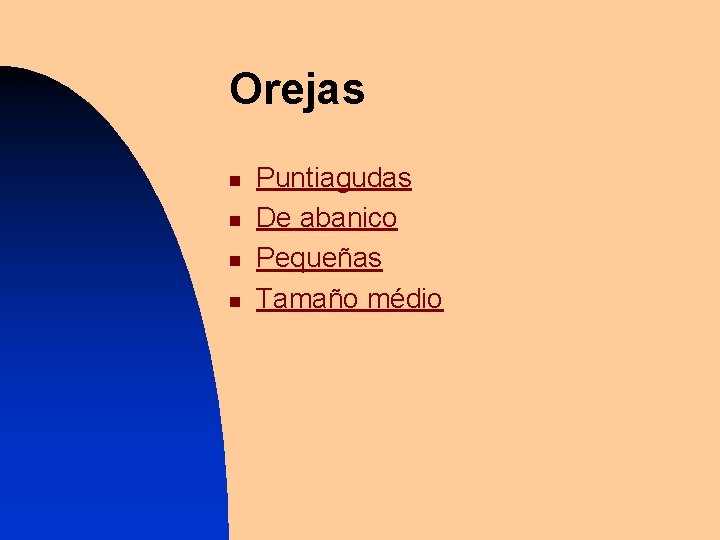 Orejas n n Puntiagudas De abanico Pequeñas Tamaño médio 