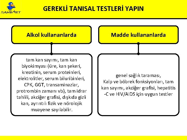 GEREKLİ TANISAL TESTLERİ YAPIN Alkol kullananlarda Madde kullananlarda tam kan sayımı, tam kan biyokimyası