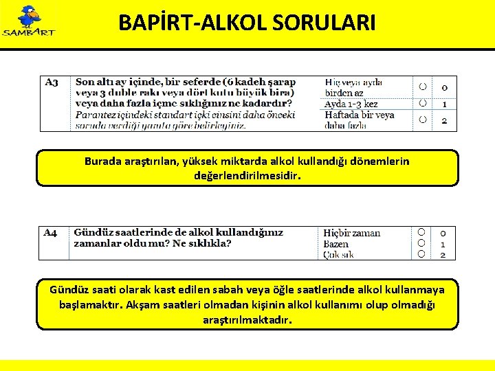 BAPİRT-ALKOL SORULARI Burada araştırılan, yüksek miktarda alkol kullandığı dönemlerin değerlendirilmesidir. Gündüz saati olarak kast