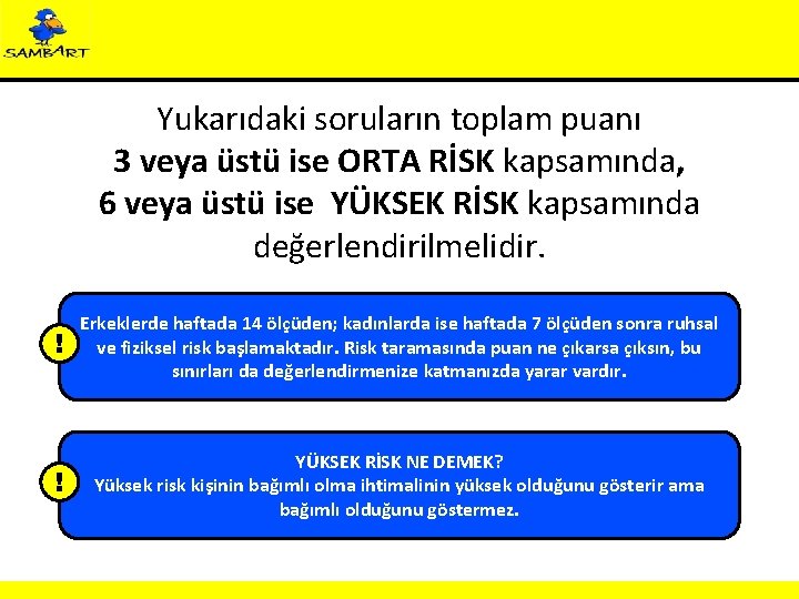 Yukarıdaki soruların toplam puanı 3 veya üstü ise ORTA RİSK kapsamında, 6 veya üstü