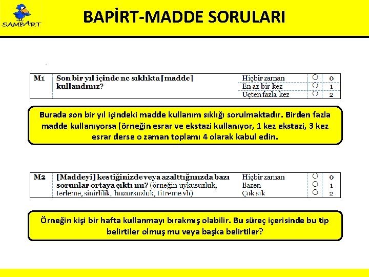 BAPİRT-MADDE SORULARI Burada son bir yıl içindeki madde kullanım sıklığı sorulmaktadır. Birden fazla madde