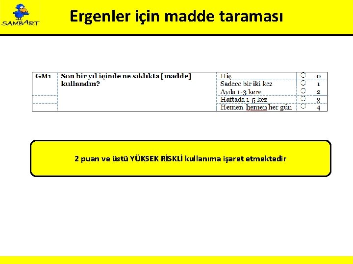 Ergenler için madde taraması 2 puan ve üstü YÜKSEK RİSKLİ kullanıma işaret etmektedir 