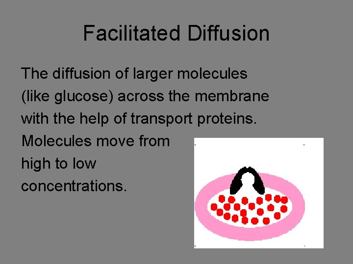Facilitated Diffusion The diffusion of larger molecules (like glucose) across the membrane with the