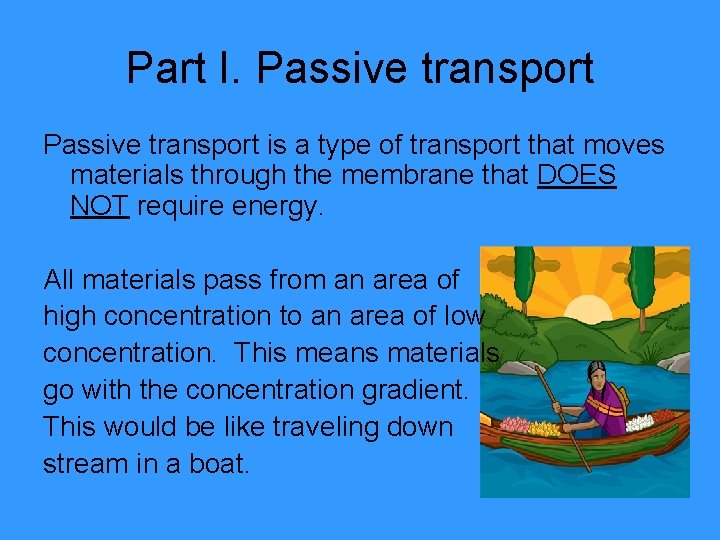 Part I. Passive transport is a type of transport that moves materials through the
