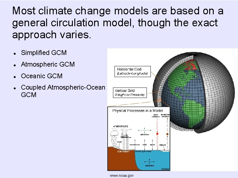Most climate change models are based on a general circulation model, though the exact