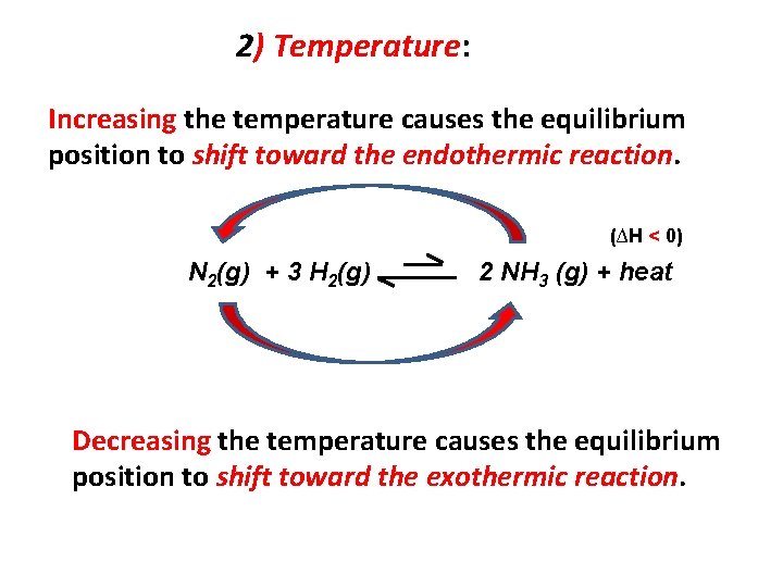 2) Temperature: Increasing the temperature causes the equilibrium position to shift toward the endothermic