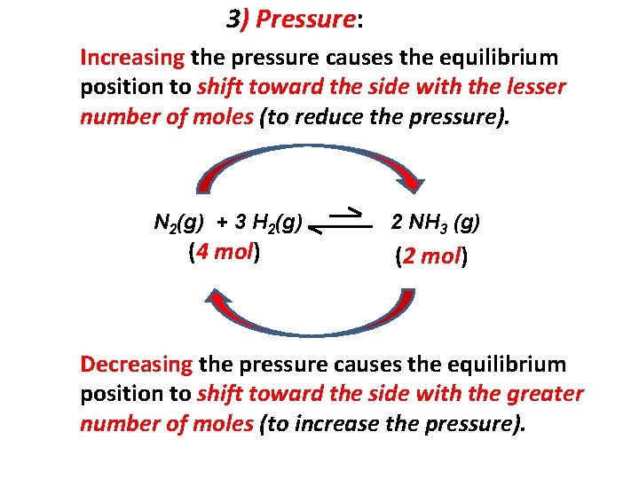 3) Pressure: Increasing the pressure causes the equilibrium position to shift toward the side