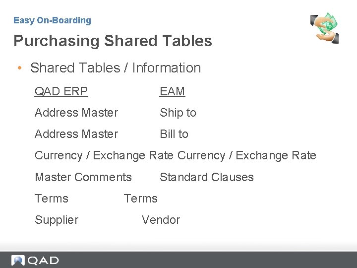 Easy On-Boarding Purchasing Shared Tables • Shared Tables / Information QAD ERP EAM Address