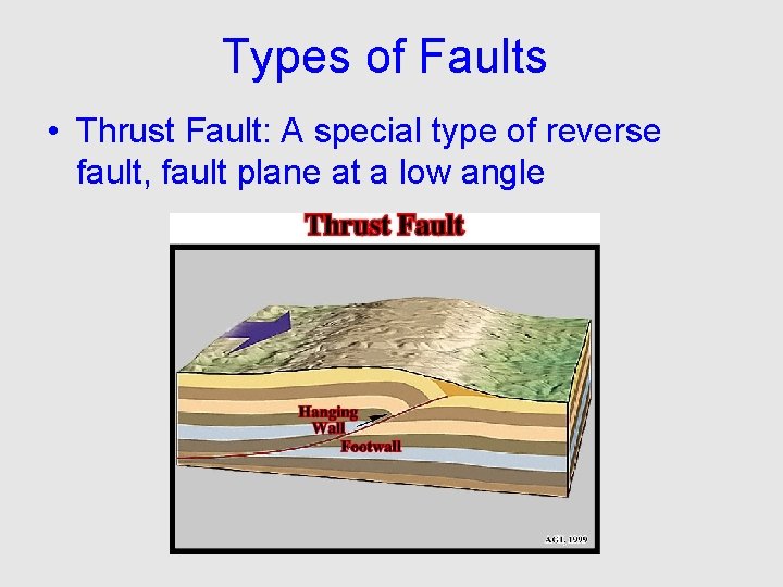 Types of Faults • Thrust Fault: A special type of reverse fault, fault plane