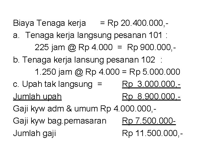 Biaya Tenaga kerja = Rp 20. 400. 000, a. Tenaga kerja langsung pesanan 101