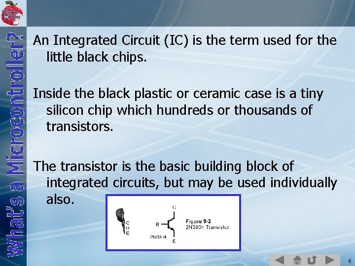 An Integrated Circuit (IC) is the term used for the little black chips. Inside