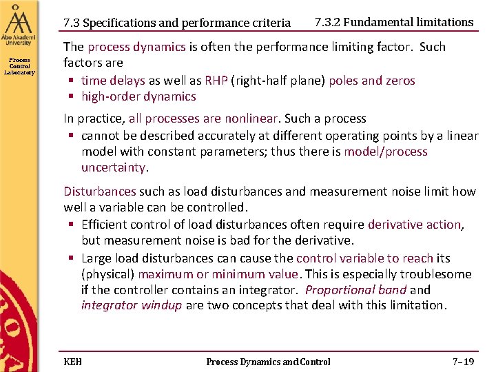 7. 3 Specifications and performance criteria Process Control Laboratory 7. 3. 2 Fundamental limitations 7. 3 Specifications and performance criteria Process Control Laboratory 7. 3. 2 Fundamental limitations