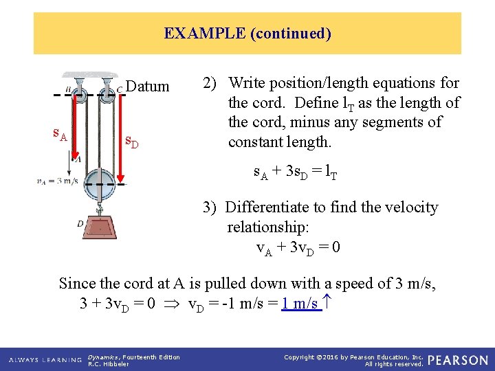 EXAMPLE (continued) Datum s. A s. D 2) Write position/length equations for the cord.