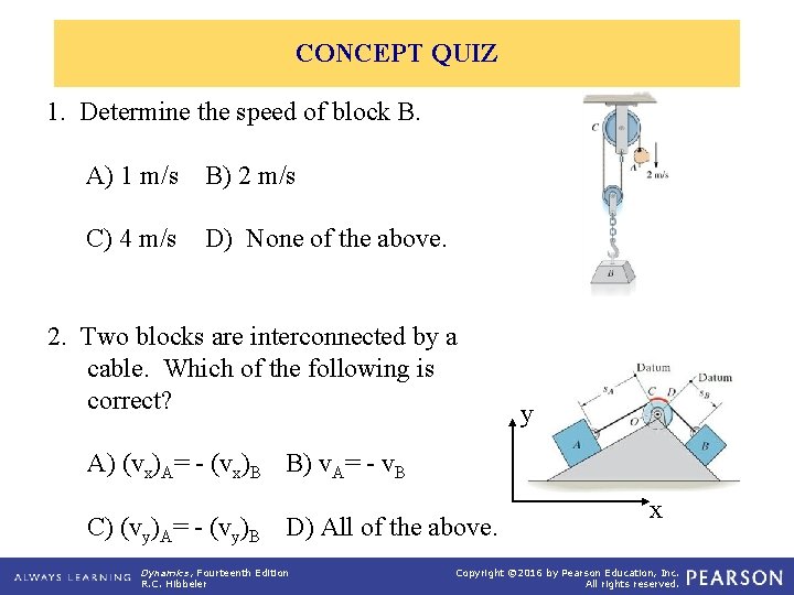 CONCEPT QUIZ 1. Determine the speed of block B. A) 1 m/s B) 2