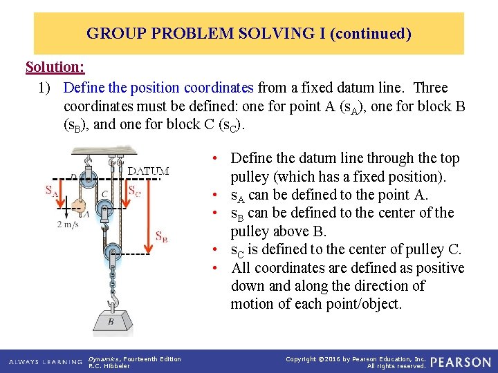 GROUP PROBLEM SOLVING I (continued) Solution: 1) Define the position coordinates from a fixed