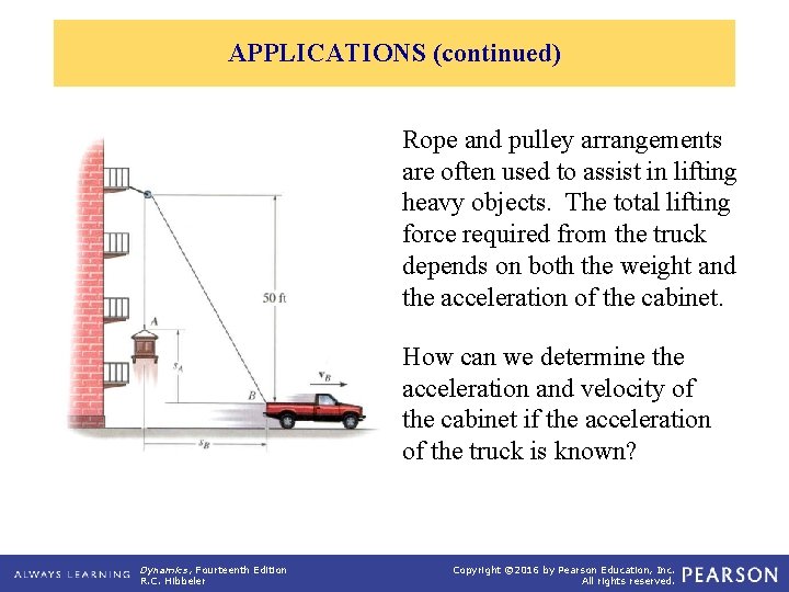 APPLICATIONS (continued) Rope and pulley arrangements are often used to assist in lifting heavy