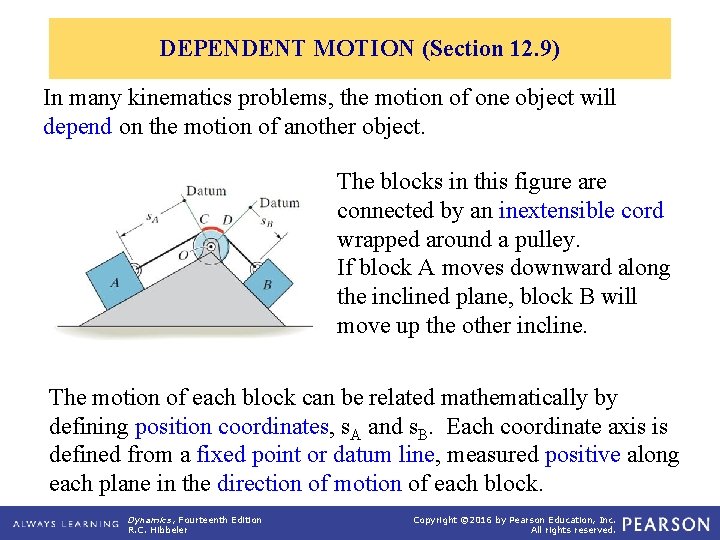 DEPENDENT MOTION (Section 12. 9) In many kinematics problems, the motion of one object