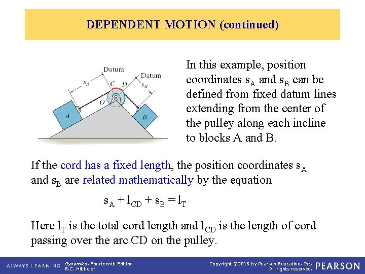 DEPENDENT MOTION (continued) In this example, position coordinates s. A and s. B can