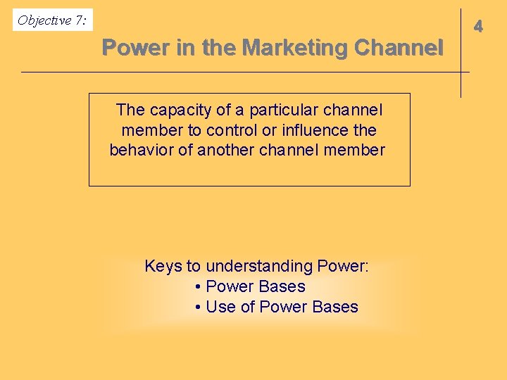 Objective 7: Power in the Marketing Channel The capacity of a particular channel member