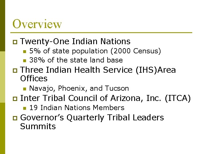 Overview p Twenty-One Indian Nations n n p Three Indian Health Service (IHS)Area Offices