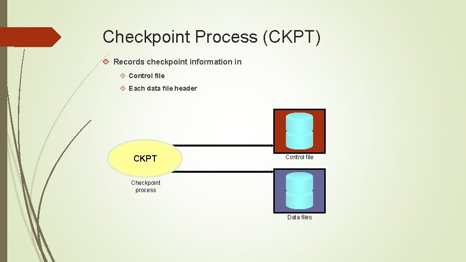 Checkpoint Process (CKPT) Records checkpoint information in Control file Each data file header CKPT Checkpoint Process (CKPT) Records checkpoint information in Control file Each data file header CKPT
