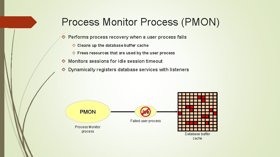 Process Monitor Process (PMON) Performs process recovery when a user process fails Cleans up