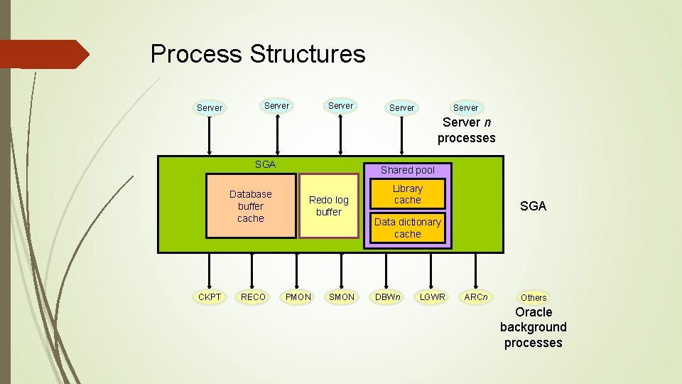 Process Structures Server Server n processes SGA Database buffer cache CKPT RECO Shared pool