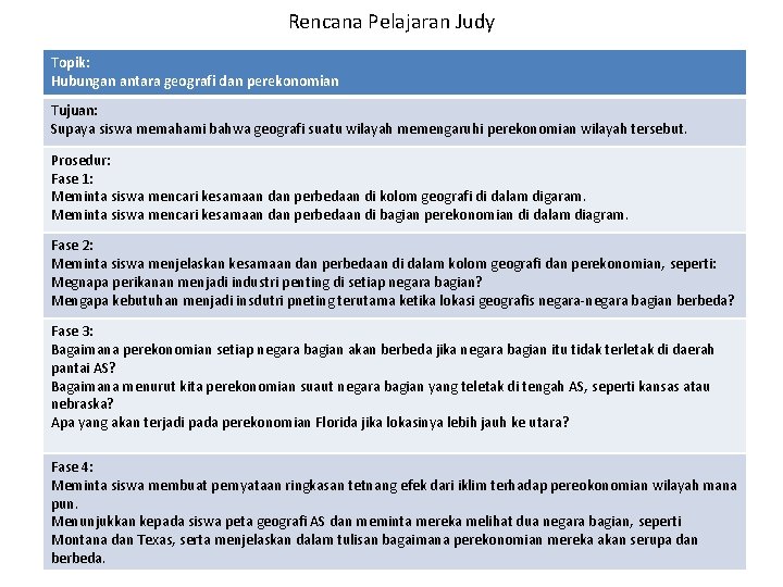 Rencana Pelajaran Judy Topik: Hubungan antara geografi dan perekonomian Tujuan: Supaya siswa memahami bahwa