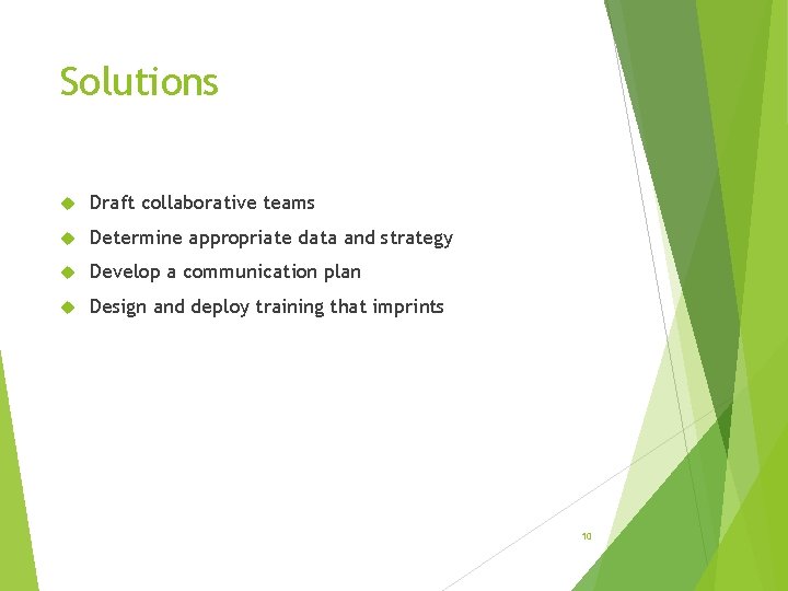 Solutions Draft collaborative teams Determine appropriate data and strategy Develop a communication plan Design