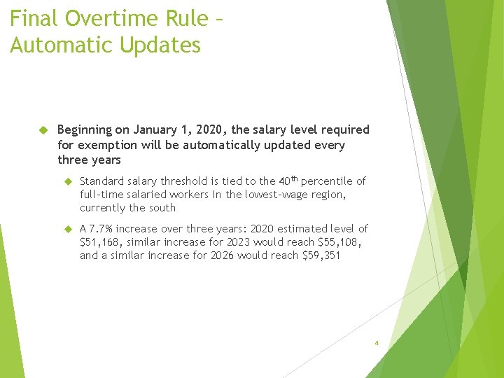 Final Overtime Rule – Automatic Updates Beginning on January 1, 2020, the salary level