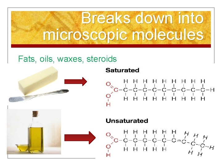 Breaks down into microscopic molecules Fats, oils, waxes, steroids 